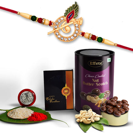 DeoDap Chocolate with Rakhi Gift for Brother – Murli Design Rakhi Set for Brother with Choco Coated Butterscotch Nuts, Silver Colour Coin & Greeting Card – Raksha Bandhan Combo For Bhai 