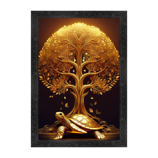 Dharvika Innovations Vastu kalpavriksha Golden Money Tree with Turtle Photo Frame, Black, 11x14 Inch, Sparkle Laminated 427 