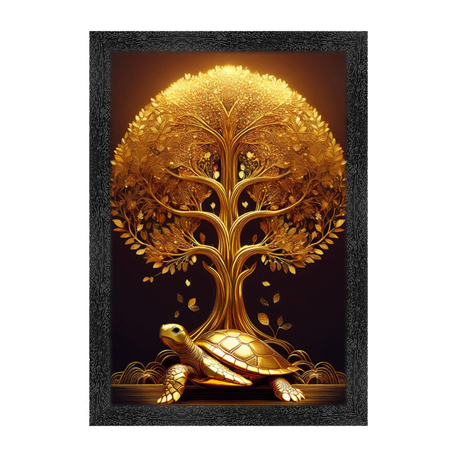 Dharvika Innovations Vastu kalpavriksha Golden Money Tree with Turtle Photo Frame, Black, 11x14 Inch, Sparkle Laminated 427 