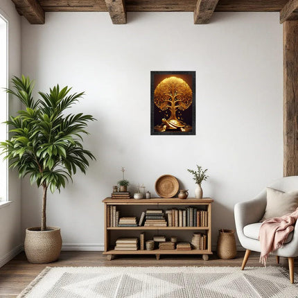 Dharvika Innovations Vastu kalpavriksha Golden Money Tree with Turtle Photo Frame, Black, 11x14 Inch, Sparkle Laminated 427 