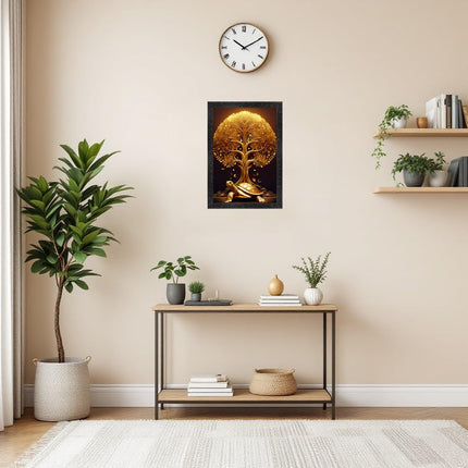 Dharvika Innovations Vastu kalpavriksha Golden Money Tree with Turtle Photo Frame, Black, 11x14 Inch, Sparkle Laminated 427 