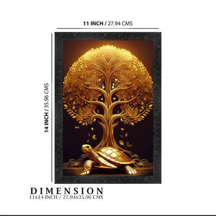 Dharvika Innovations Vastu kalpavriksha Golden Money Tree with Turtle Photo Frame, Black, 11x14 Inch, Sparkle Laminated 427 