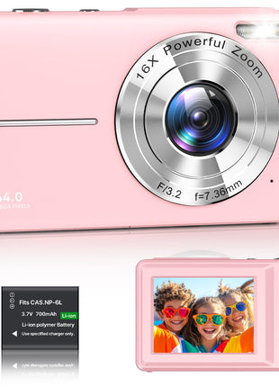 Digital Camera 1080P FHD Compact Digital Camera 44MP Portable Mini Small Photo Camera with 2.4" LCD Screen, 16X Digital Zoom and 1 Battery Vlogging Camera for Kids, Girls, Boys-Pink 