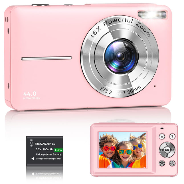 Digital Camera 1080P FHD Compact Digital Camera 44MP Portable Mini Small Photo Camera with 2.4" LCD Screen, 16X Digital Zoom and 1 Battery Vlogging Camera for Kids, Girls, Boys-Pink 