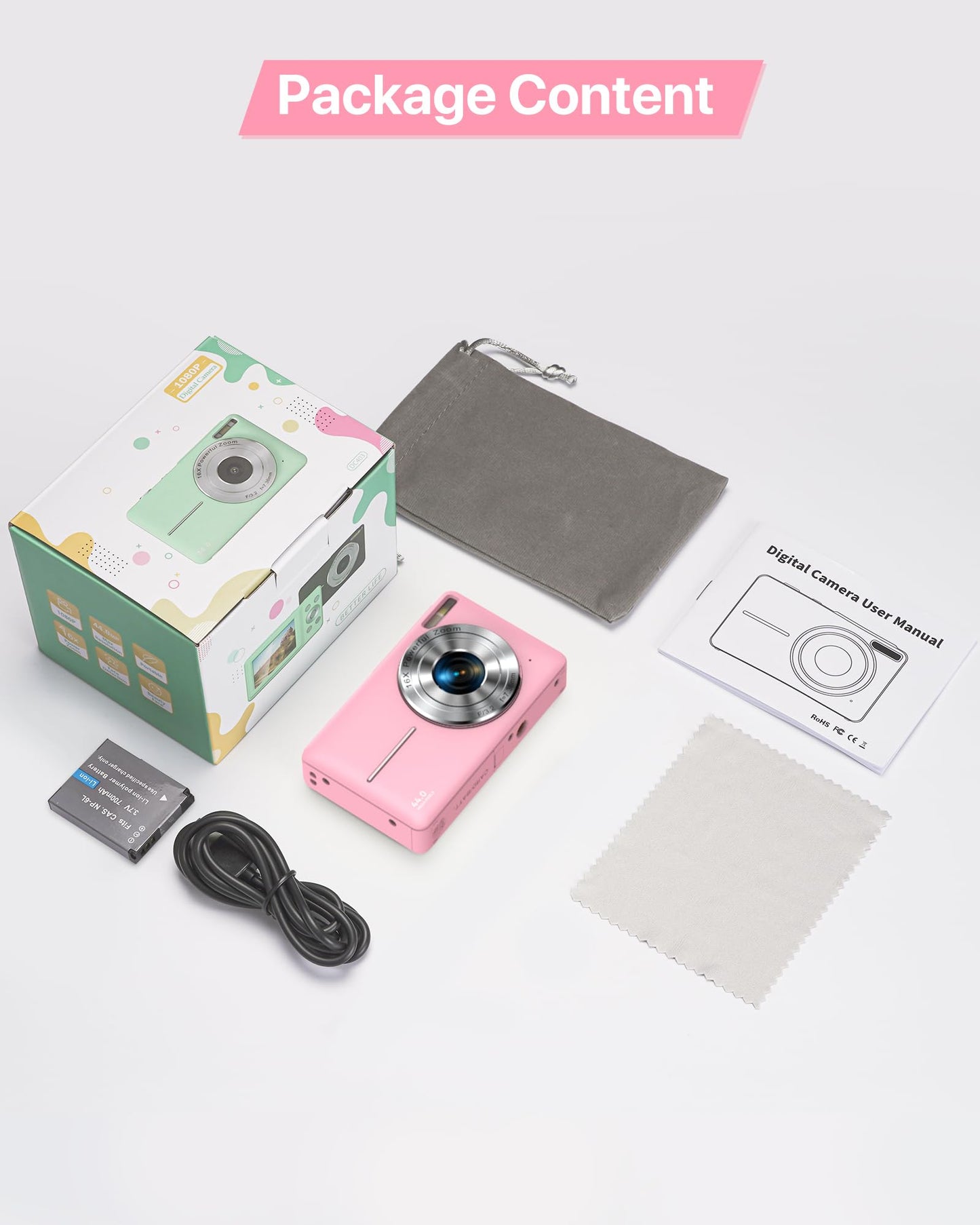 Digital Camera 1080P FHD Compact Digital Camera 44MP Portable Mini Small Photo Camera with 2.4" LCD Screen, 16X Digital Zoom and 1 Battery Vlogging Camera for Kids, Girls, Boys-Pink 