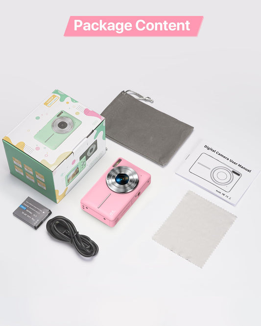 Digital Camera 1080P FHD Compact Digital Camera 44MP Portable Mini Small Photo Camera with 2.4" LCD Screen, 16X Digital Zoom and 1 Battery Vlogging Camera for Kids, Girls, Boys-Pink 