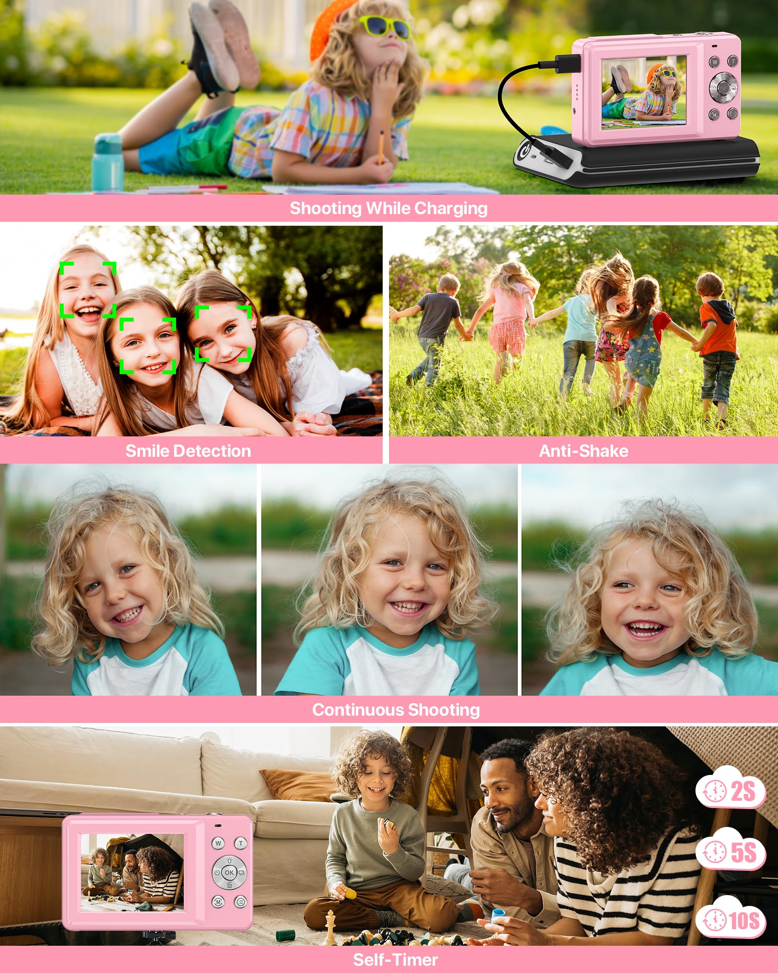 Digital Camera 1080P FHD Compact Digital Camera 44MP Portable Mini Small Photo Camera with 2.4" LCD Screen, 16X Digital Zoom and 1 Battery Vlogging Camera for Kids, Girls, Boys-Pink 