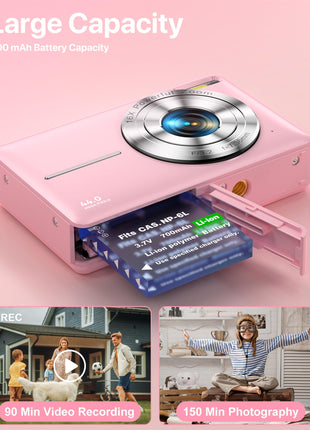 Digital Camera 1080P FHD Compact Digital Camera 44MP Portable Mini Small Photo Camera with 2.4" LCD Screen, 16X Digital Zoom and 1 Battery Vlogging Camera for Kids, Girls, Boys-Pink 