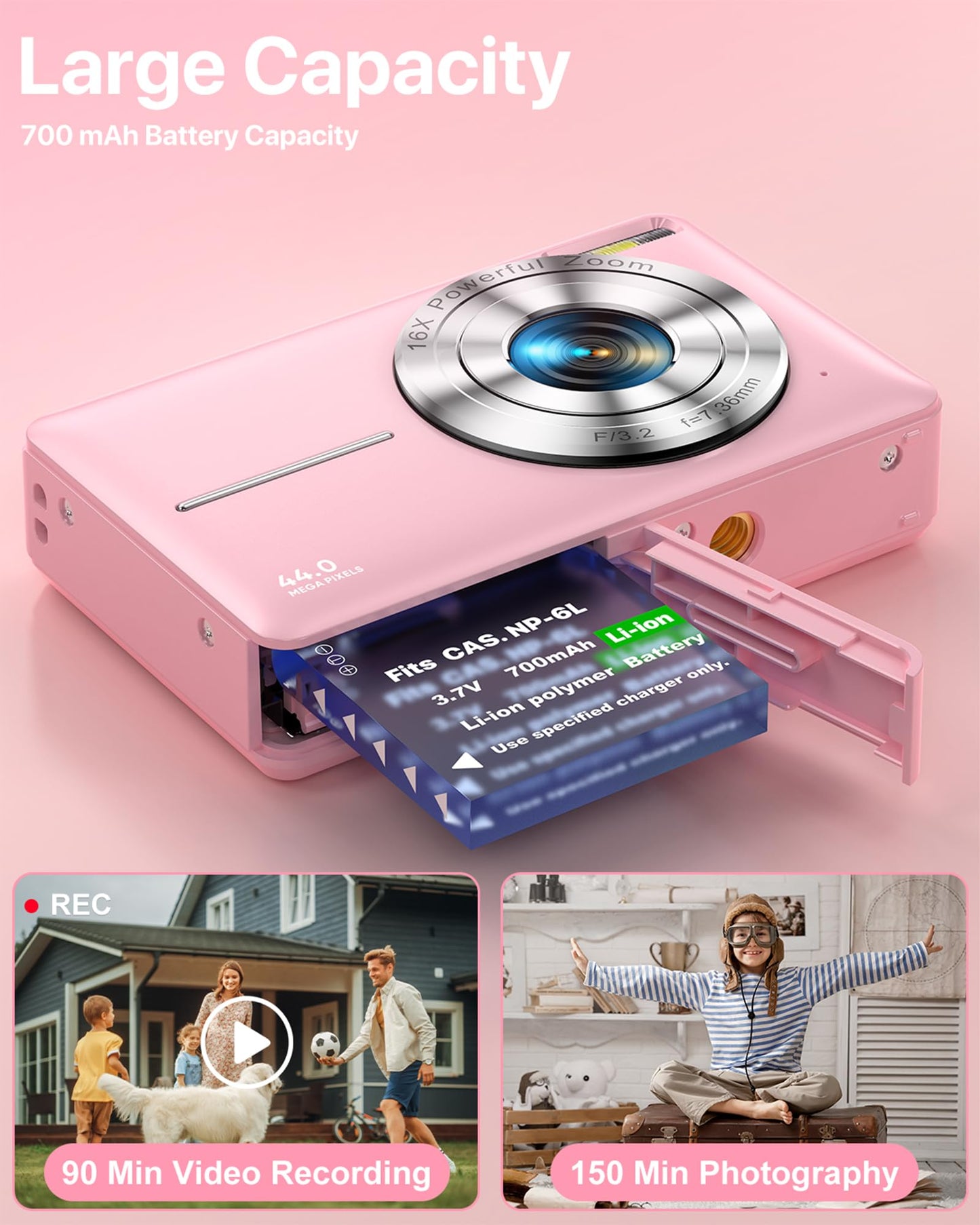 Digital Camera 1080P FHD Compact Digital Camera 44MP Portable Mini Small Photo Camera with 2.4" LCD Screen, 16X Digital Zoom and 1 Battery Vlogging Camera for Kids, Girls, Boys-Pink 