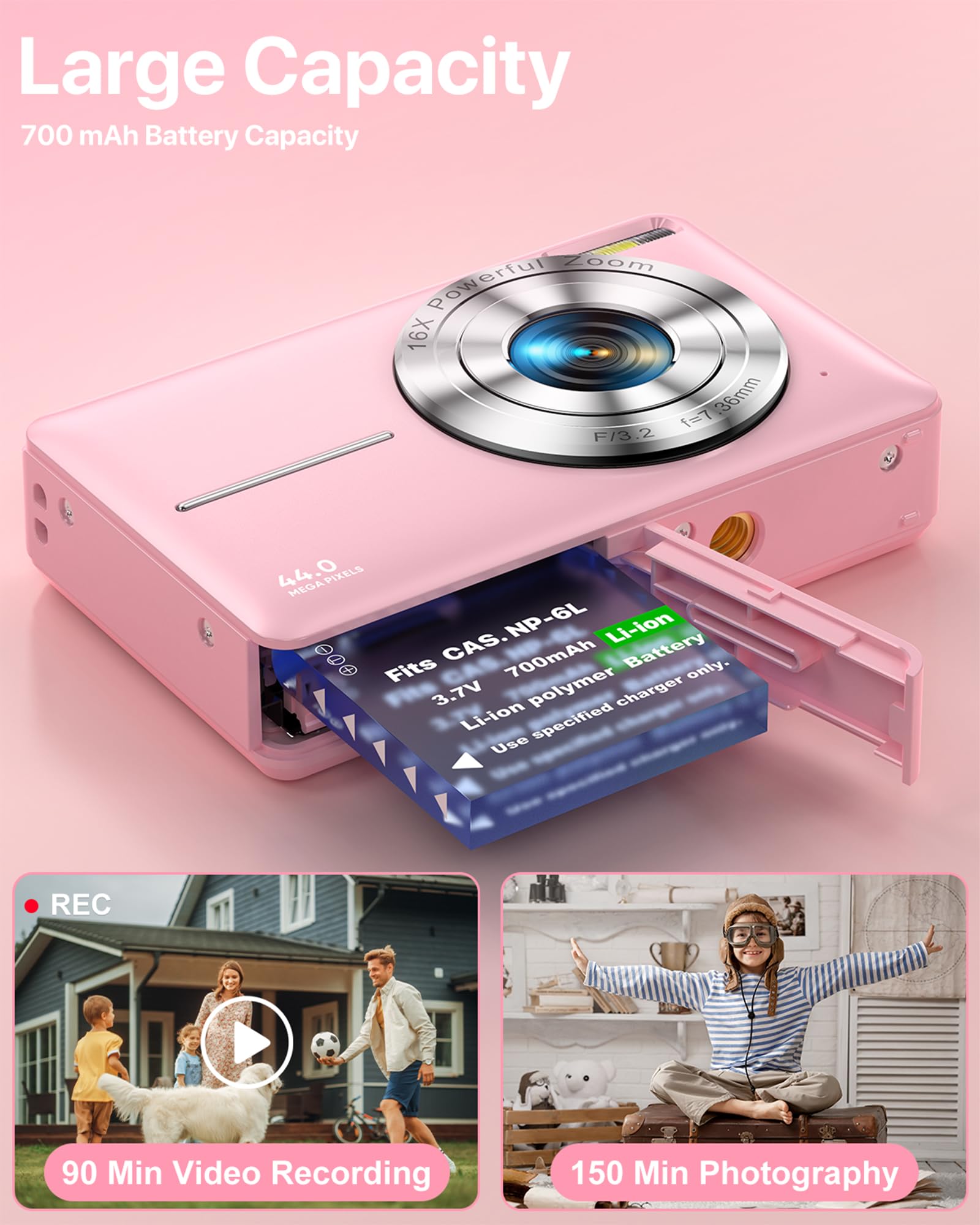 Digital Camera 1080P FHD Compact Digital Camera 44MP Portable Mini Small Photo Camera with 2.4" LCD Screen, 16X Digital Zoom and 1 Battery Vlogging Camera for Kids, Girls, Boys-Pink 