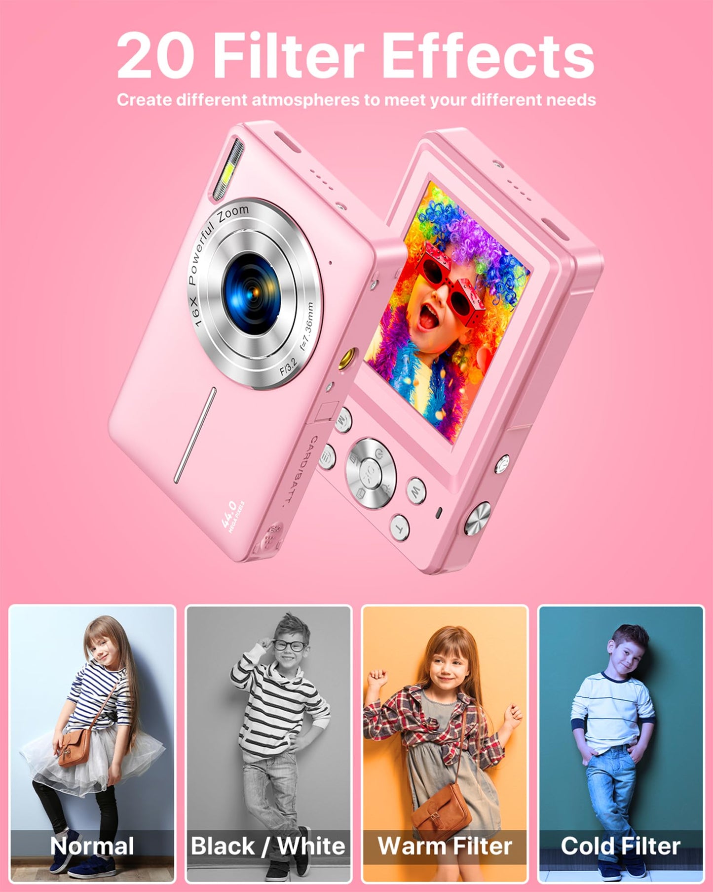 Digital Camera 1080P FHD Compact Digital Camera 44MP Portable Mini Small Photo Camera with 2.4" LCD Screen, 16X Digital Zoom and 1 Battery Vlogging Camera for Kids, Girls, Boys-Pink 