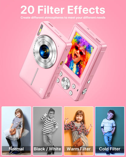 Digital Camera 1080P FHD Compact Digital Camera 44MP Portable Mini Small Photo Camera with 2.4" LCD Screen, 16X Digital Zoom and 1 Battery Vlogging Camera for Kids, Girls, Boys-Pink 