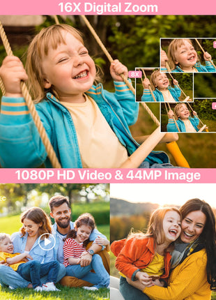 Digital Camera 1080P FHD Compact Digital Camera 44MP Portable Mini Small Photo Camera with 2.4" LCD Screen, 16X Digital Zoom and 1 Battery Vlogging Camera for Kids, Girls, Boys-Pink 