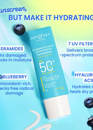 Dot & Key Blueberry Hydrate Barrier Repair Sunscreen Spf 50+,Pa++++|For Dry&Sensitive Skin|Non - Greasy Finish|No White Cast|Uv & Blue Light Protection|Broad Spectrum|For Women&Men|50G, 1 Count 