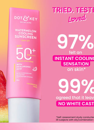Dot & Key Watermelon Cooling Sunscreen SPF 50+ PA++++ | With Hyaluronic Acid, Instantly Cools Skin, Broad Spectrum Protection | Controls Excess Oil, Checks Tanning, No White Cast, All Skin Types | 50g 
