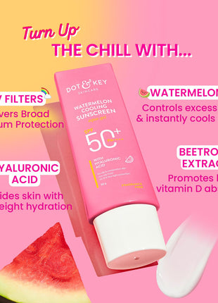 Dot & Key Watermelon Cooling Sunscreen SPF 50+ PA++++ | With Hyaluronic Acid, Instantly Cools Skin, Broad Spectrum Protection | Controls Excess Oil, Checks Tanning, No White Cast, All Skin Types | 50g 