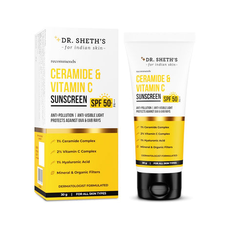 Dr. Sheth's Ceramide & Vitamin C Sunscreen | SPF 50+ Pa+++ | In-Vivo Tested | For Bright Skin & Healthy Glow | Non-Greasy, Quick-Absorbing, No White Cast | UVA/B & Bluelight Protection | For Men & Women | For All Skin Type | 30 g 