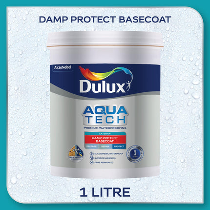 Dulux Aquatech DampProtect Basecoat, Exterior Waterproof Basecoat for Terrace Roof and Walls, 3 Year Waterproofing Performance, Crack-bridging, Solar Reflective Coating, 1 Liter 