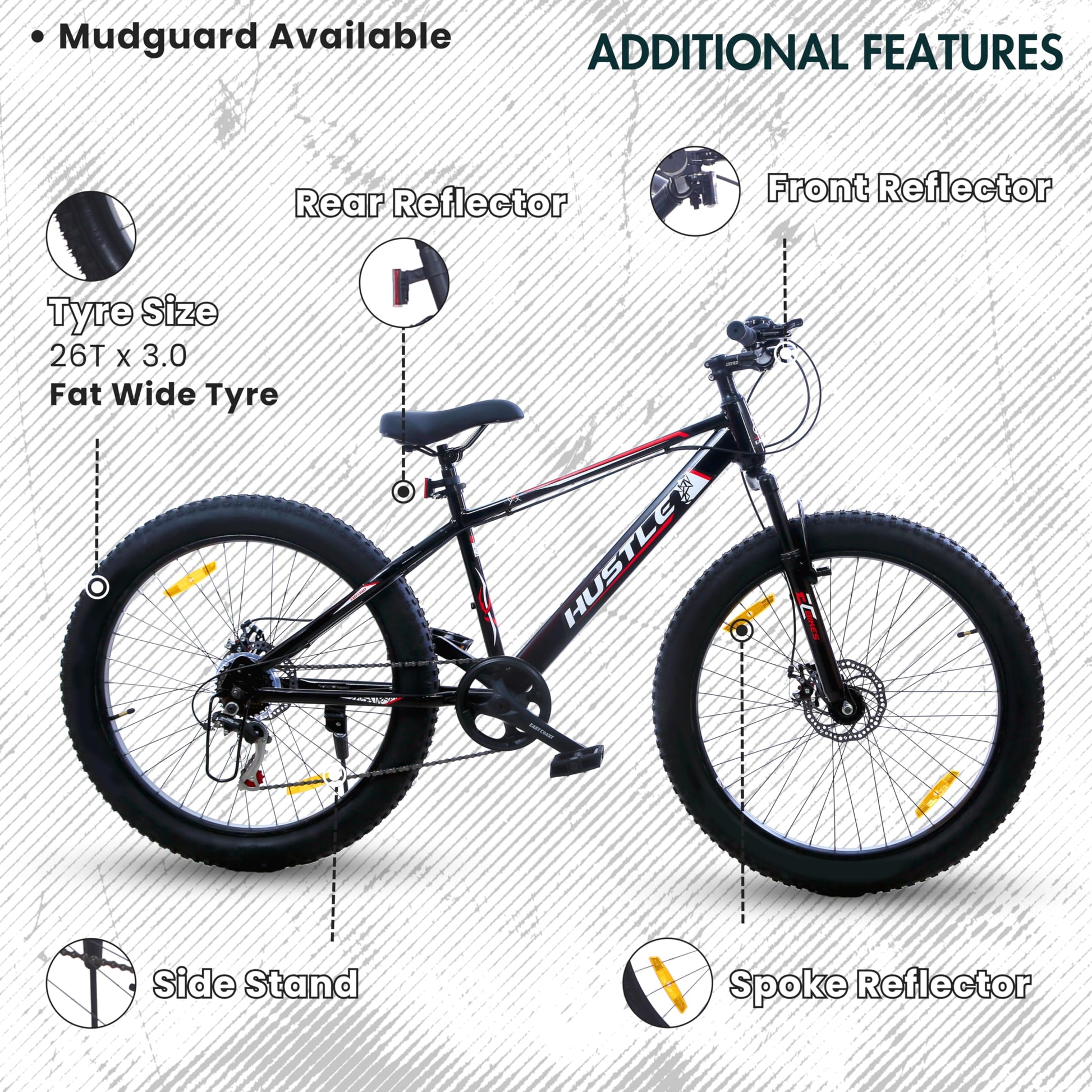 EAST COAST Hustle 26T Fat Tyre Cycle with Gear(7Speed) Black 