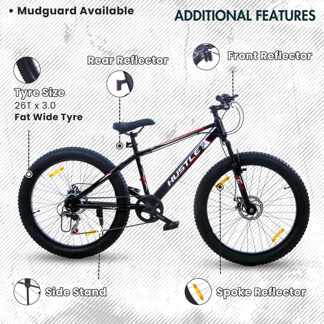 EAST COAST Hustle 26T Fat Tyre Cycle with Gear(7Speed) Black 