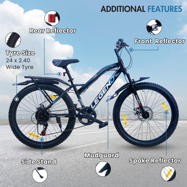 EAST COAST Legend 7 Speed Cycle/Bicycle for Kids Boys & Girls | 24T Mountain Bike/Mountain Cycle Without Carrier, 17 Inch Frame, Disc Brake Ideal for 9-15 Years (Black) - Front 