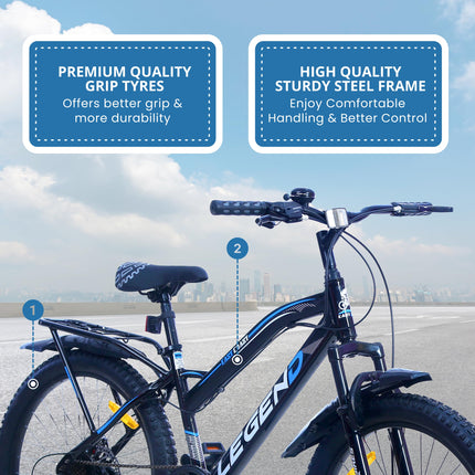 EAST COAST Legend 7 Speed Cycle/Bicycle for Kids Boys & Girls | 24T Mountain Bike/Mountain Cycle Without Carrier, 17 Inch Frame, Disc Brake Ideal for 9-15 Years (Black) - Front 