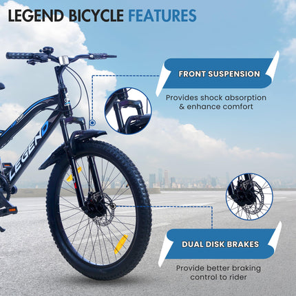 EAST COAST Legend 7 Speed Cycle/Bicycle for Kids Boys & Girls | 24T Mountain Bike/Mountain Cycle Without Carrier, 17 Inch Frame, Disc Brake Ideal for 9-15 Years (Black) - Front 