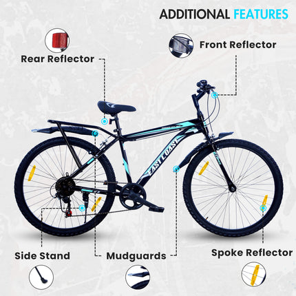 EAST COAST Premium City 7 Speed Cycle/Bicycle | 26T Mountain Bike | Hardtail Cycle with 18.5 Inch Frame, Caliper Brake, with Carrier, Ideal for 15+ Years (Black) 