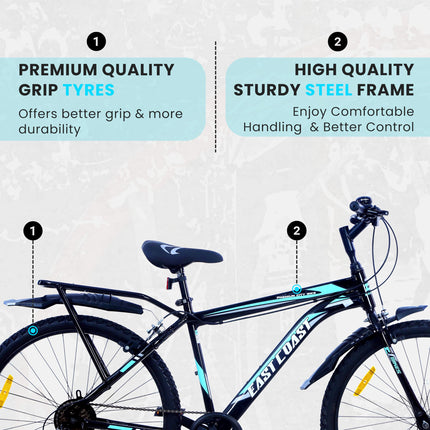 EAST COAST Premium City 7 Speed Cycle/Bicycle | 26T Mountain Bike | Hardtail Cycle with 18.5 Inch Frame, Caliper Brake, with Carrier, Ideal for 15+ Years (Black) 