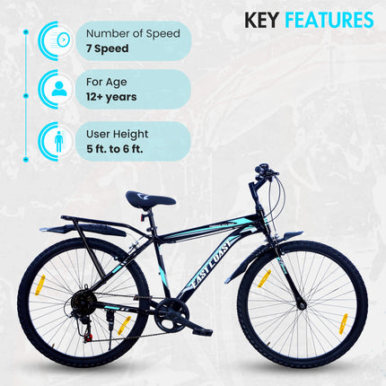EAST COAST Premium City 7 Speed Cycle/Bicycle | 26T Mountain Bike | Hardtail Cycle with 18.5 Inch Frame, Caliper Brake, with Carrier, Ideal for 15+ Years (Black) 