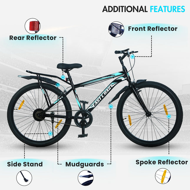 EAST COAST Unisex Premium City Single Speed Cycle/Bicycle | 26T City Bike/City Cycle with Inbuilt Carrier, 18 Inch Frame, Caliper Brake Ideal for 12+ Years (Black Color), Rigid 