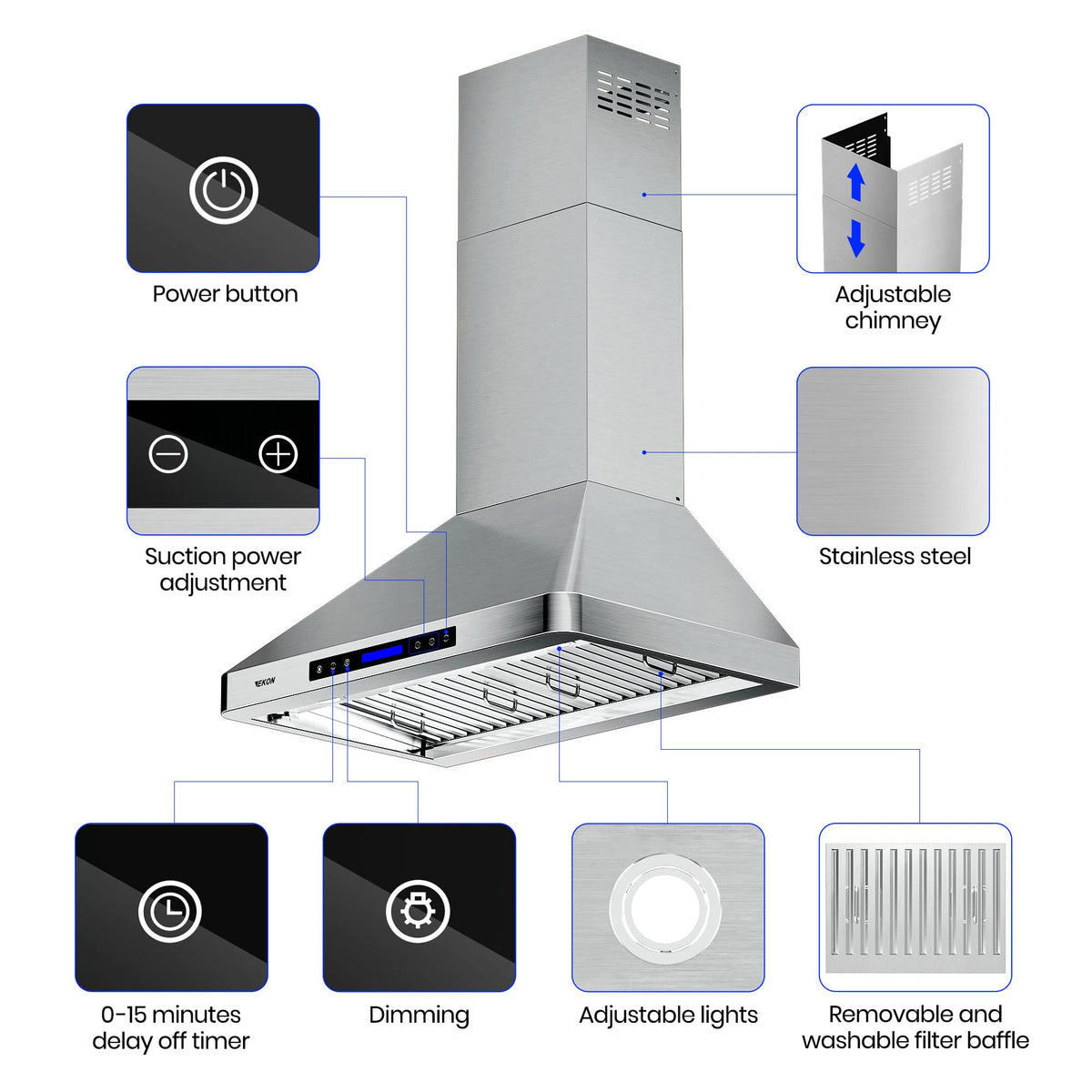 EKON Wall Chimney Range Hood 30", Ducted/Ductless Convertible Range Hood Stainless Steel 900CFM with 4 Speeds Touch Control LCD Display,Delay Shut Off Function,Dishwasher Filters (NAP02-R-30") 