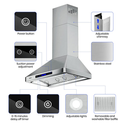 EKON Wall Chimney Range Hood 30", Ducted/Ductless Convertible Range Hood Stainless Steel 900CFM with 4 Speeds Touch Control LCD Display,Delay Shut Off Function,Dishwasher Filters (NAP02-R-30") 
