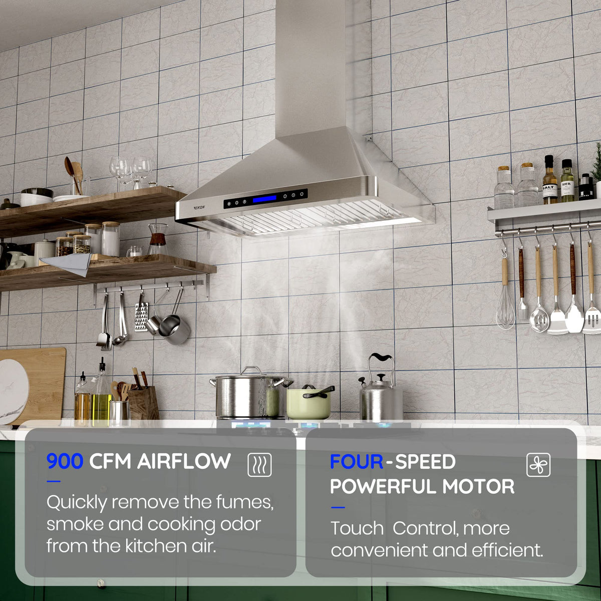 EKON Wall Chimney Range Hood 30", Ducted/Ductless Convertible Range Hood Stainless Steel 900CFM with 4 Speeds Touch Control LCD Display,Delay Shut Off Function,Dishwasher Filters (NAP02-R-30") 
