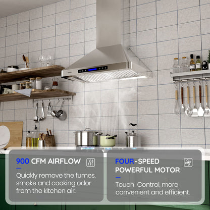 EKON Wall Chimney Range Hood 30", Ducted/Ductless Convertible Range Hood Stainless Steel 900CFM with 4 Speeds Touch Control LCD Display,Delay Shut Off Function,Dishwasher Filters (NAP02-R-30") 