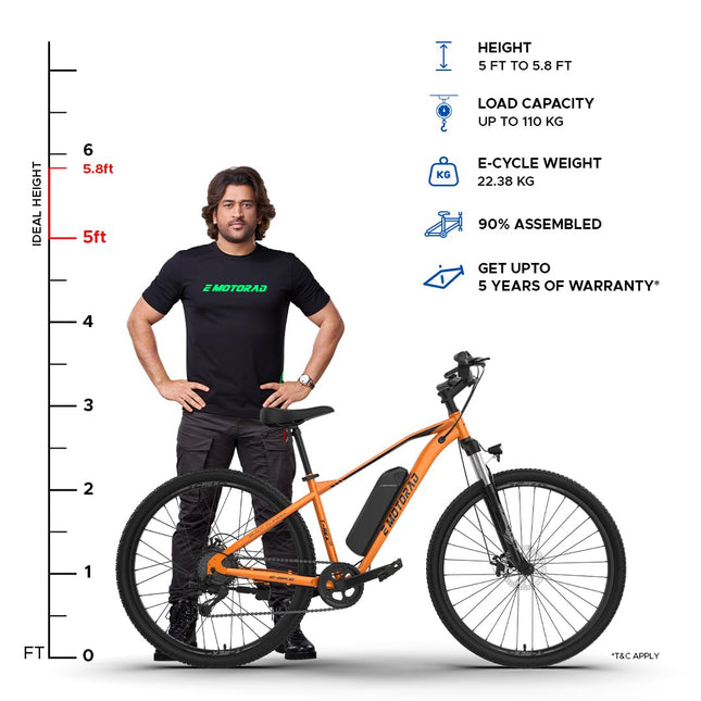 EMotorad T-REX AIR Unisex Electric Bicycle Sturdy High Tensile Steel Frame 250W BLDC Motor Front Suspension 7 Speed Shimano Gears (Orange Blaze, 27.5" Wheel) 