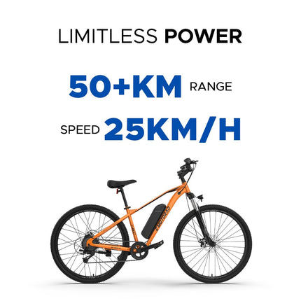 EMotorad T-REX AIR Unisex Electric Bicycle Sturdy High Tensile Steel Frame 250W BLDC Motor Front Suspension 7 Speed Shimano Gears (Orange Blaze, 27.5" Wheel) 