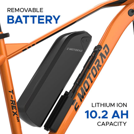 EMotorad T-REX AIR Unisex Electric Bicycle Sturdy High Tensile Steel Frame 250W BLDC Motor Front Suspension 7 Speed Shimano Gears (Orange Blaze, 27.5" Wheel) 