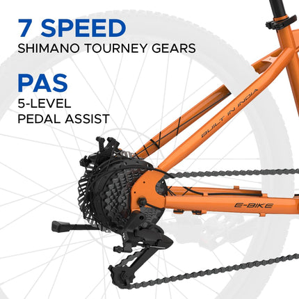 EMotorad T-REX AIR Unisex Electric Bicycle Sturdy High Tensile Steel Frame 250W BLDC Motor Front Suspension 7 Speed Shimano Gears (Orange Blaze, 27.5" Wheel) 
