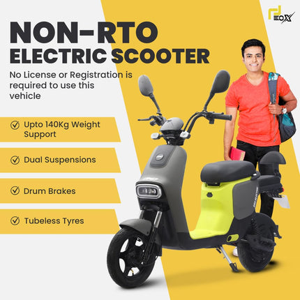 EOX OKO Low Speed Electric Scooter Non RTO with 50-60Km Mileage, Dark Grey & Neon Portable 48V Lithium Battery & Charger 