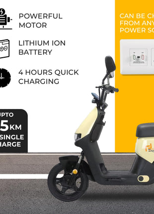 EOX OLO Low Speed Electric Scooter Non RTO with 45Km Mileage, Pastel Yellow & Black Portable Lithium Battery & Charger 