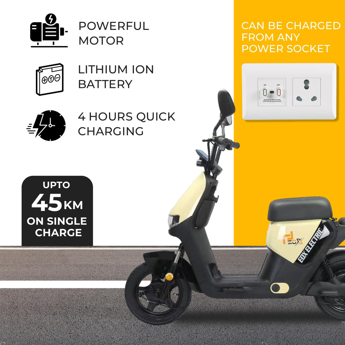 EOX OLO Low Speed Electric Scooter Non RTO with 45Km Mileage, Pastel Yellow & Black Portable Lithium Battery & Charger 