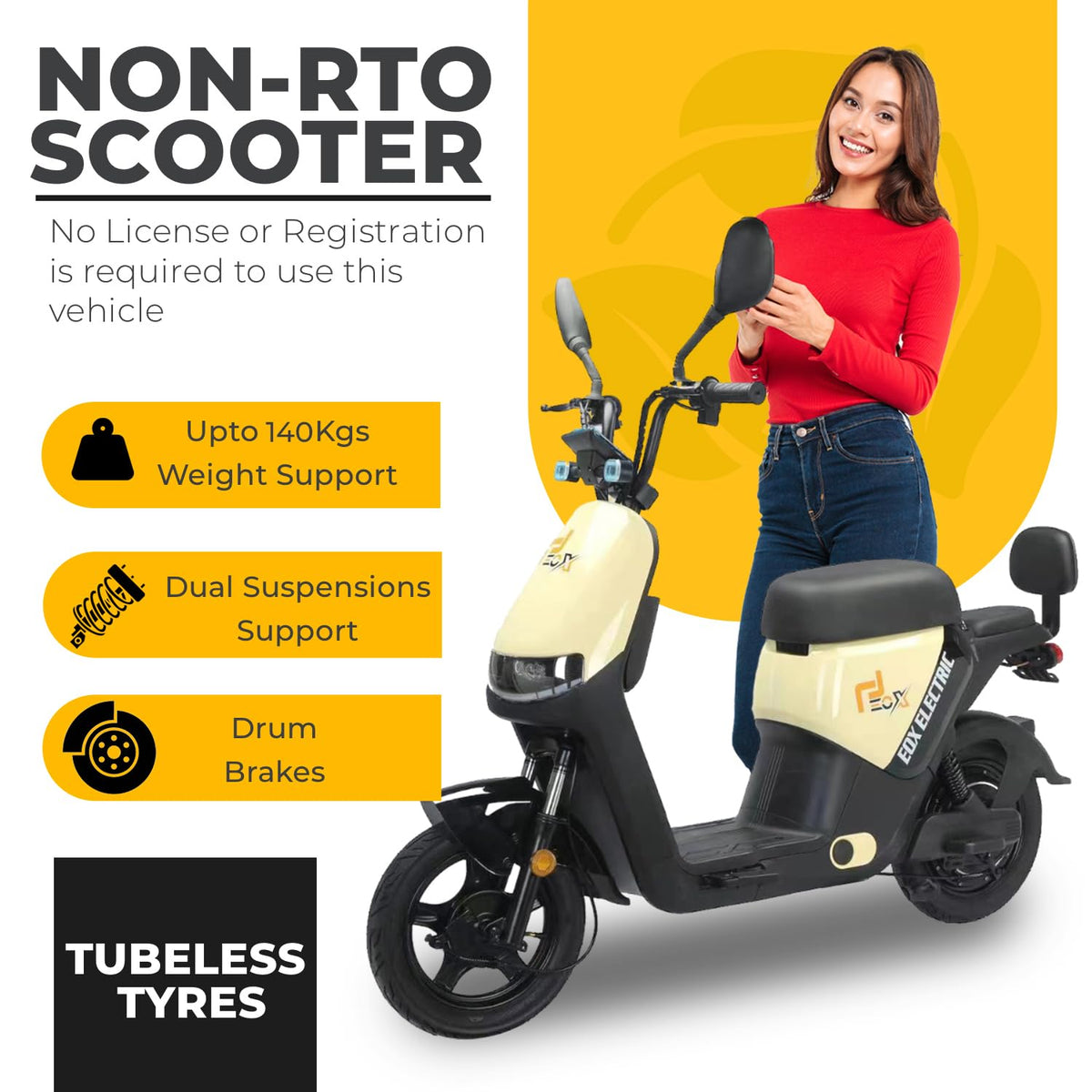 EOX OLO Low Speed Electric Scooter Non RTO with 45Km Mileage, Pastel Yellow & Black Portable Lithium Battery & Charger 