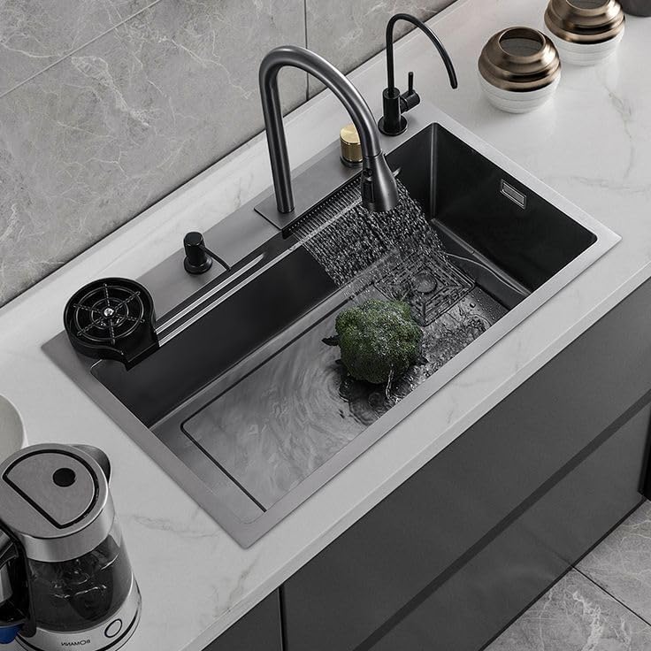 EVANEX EVANEX Modular Waterfall Kitchen Sink 24x18x9 Inch, 304 Grade Stainless Steel, Honeycomb Nano Black Matte Integrated Waterfall & Pull-Down Faucet 