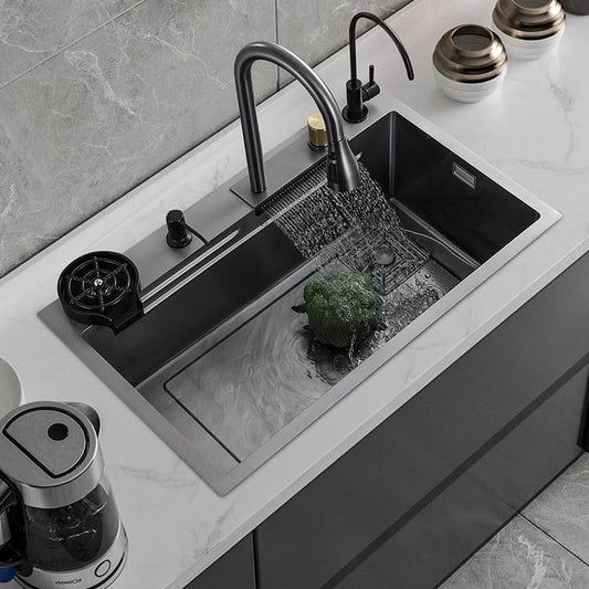 EVANEX EVANEX Modular Waterfall Kitchen Sink 24x18x9 Inch, 304 Grade Stainless Steel, Honeycomb Nano Black Matte Integrated Waterfall & Pull-Down Faucet 