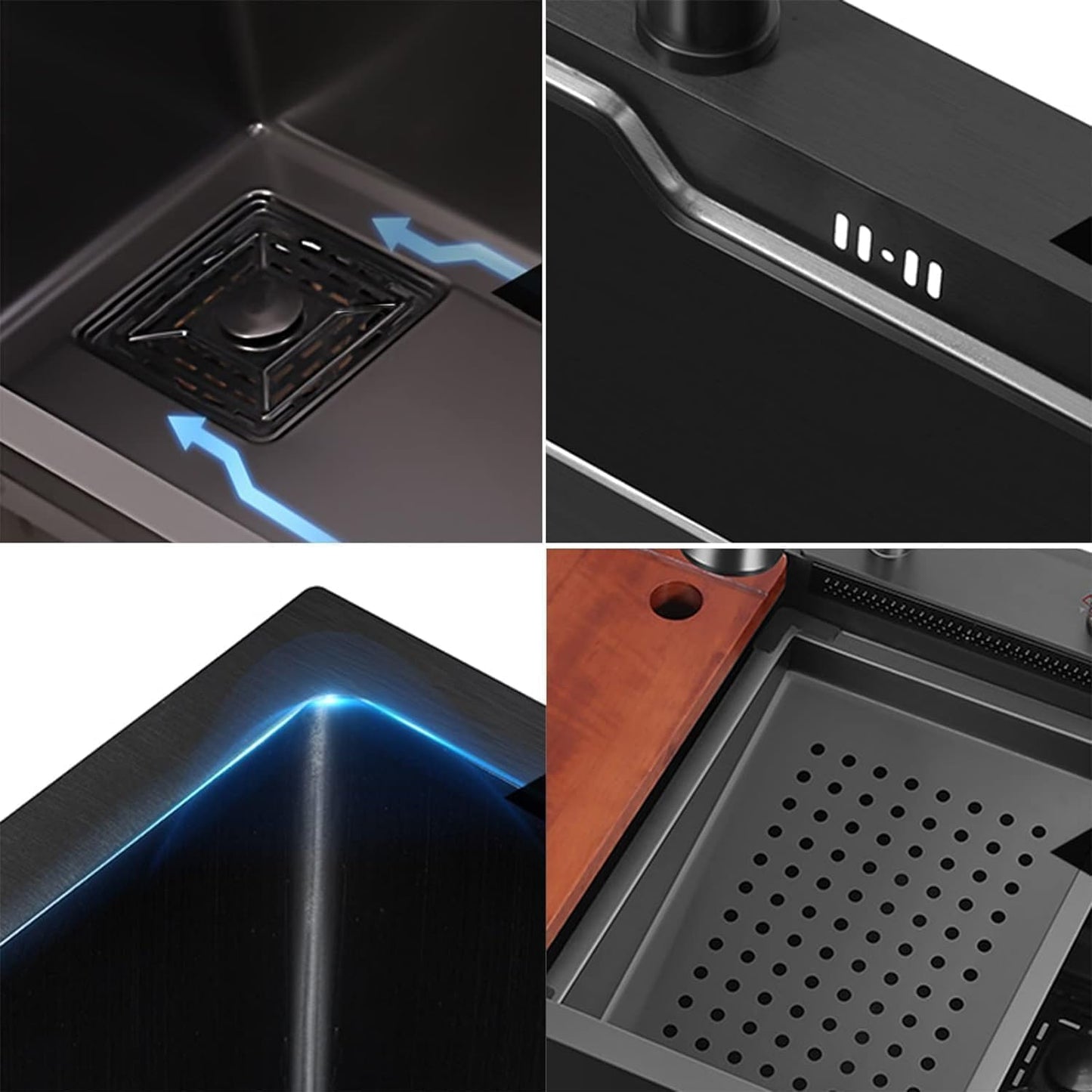 EVANEX EVANEX Modular Waterfall Kitchen Sink 24x18x9 Inch, 304 Grade Stainless Steel, Honeycomb Nano Black Matte Integrated Waterfall & Pull-Down Faucet 