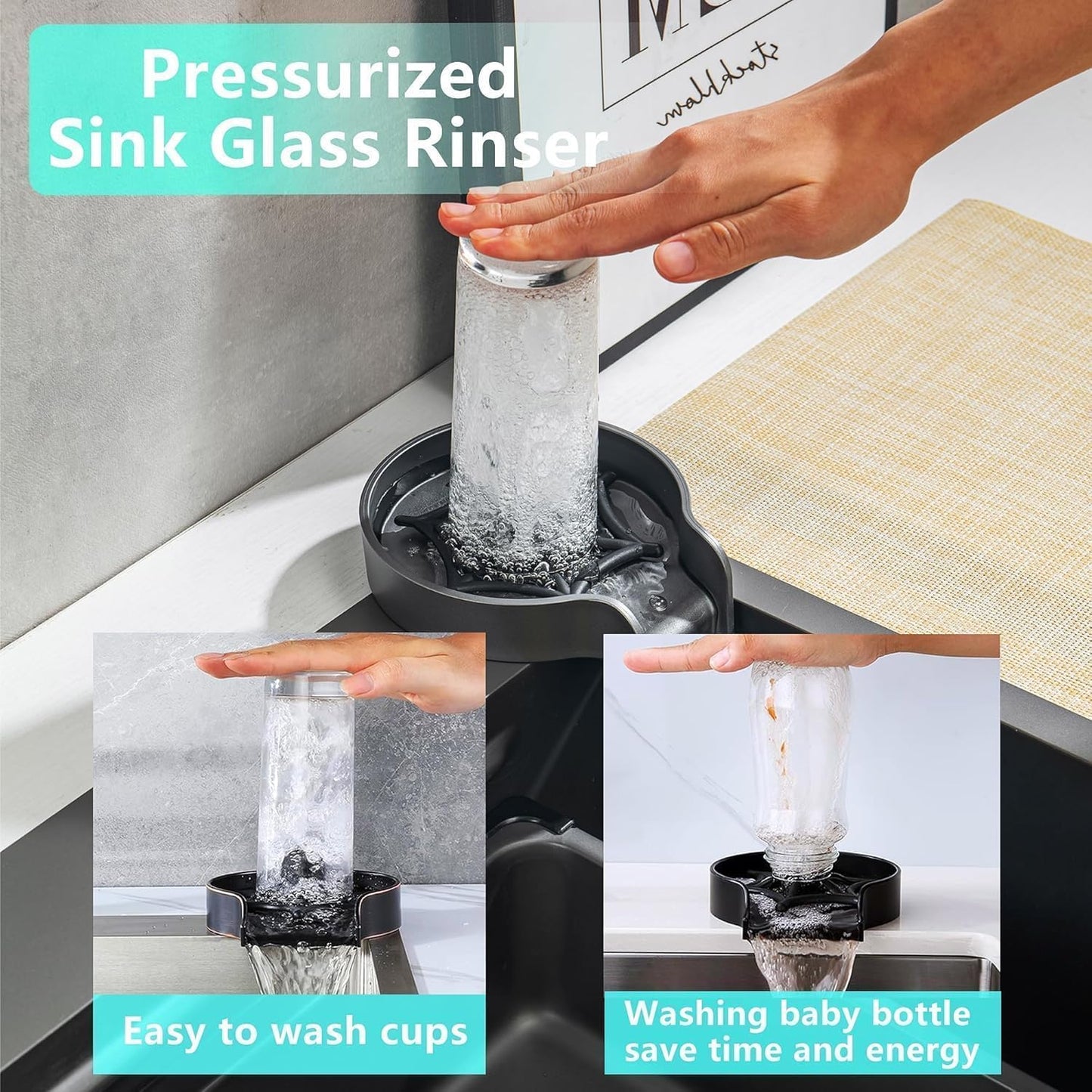 EVANEX EVANEX Modular Waterfall Kitchen Sink 24x18x9 Inch, 304 Grade Stainless Steel, Honeycomb Nano Black Matte Integrated Waterfall & Pull-Down Faucet 
