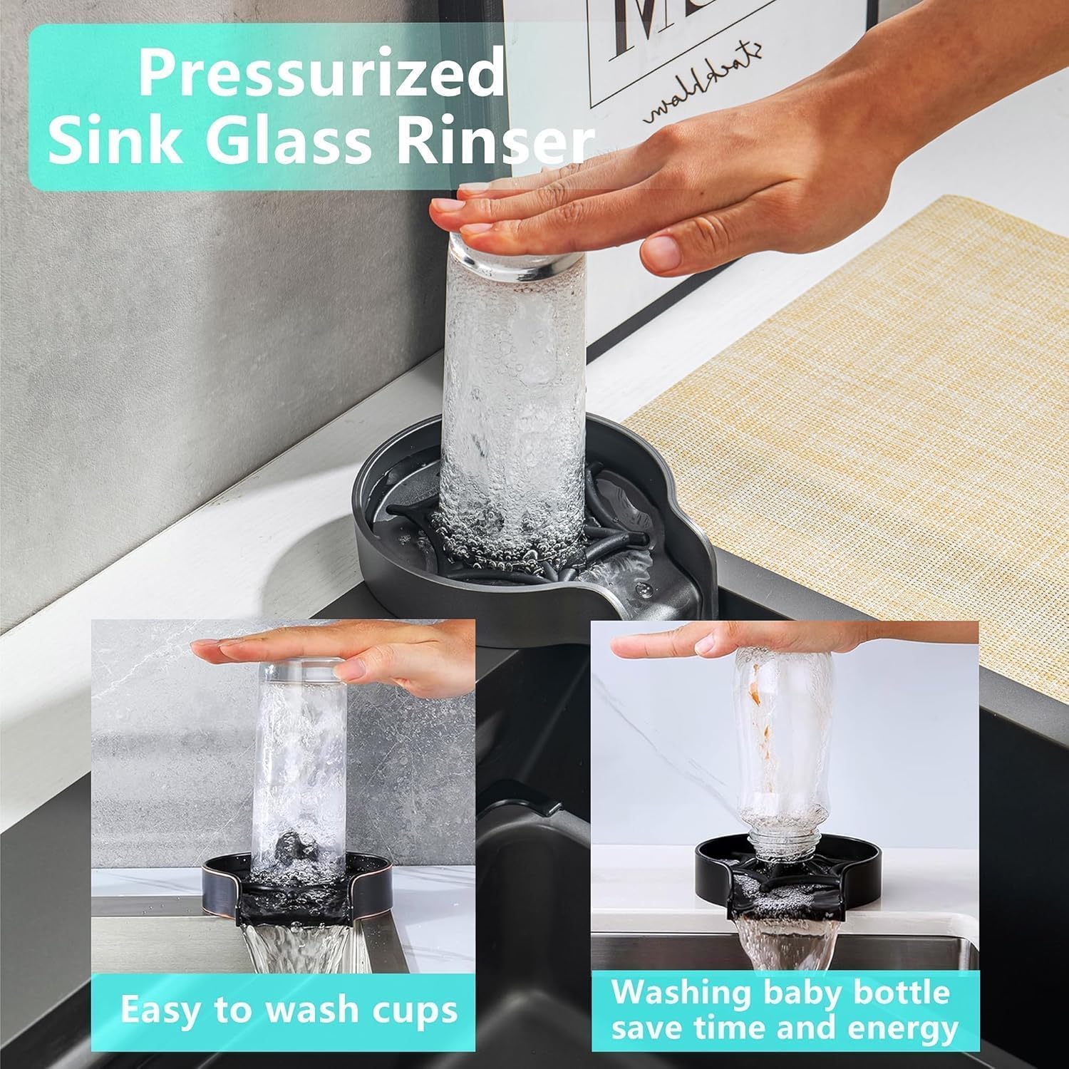 EVANEX EVANEX Modular Waterfall Kitchen Sink 24x18x9 Inch, 304 Grade Stainless Steel, Honeycomb Nano Black Matte Integrated Waterfall & Pull-Down Faucet 