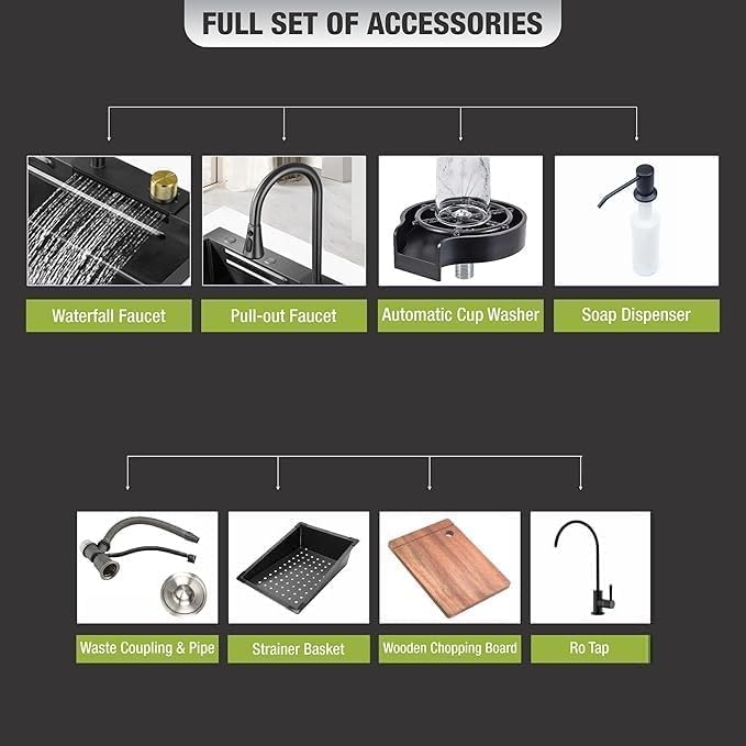 EVANEX EVANEX Modular Waterfall Kitchen Sink 24x18x9 Inch, 304 Grade Stainless Steel, Honeycomb Nano Black Matte Integrated Waterfall & Pull-Down Faucet 