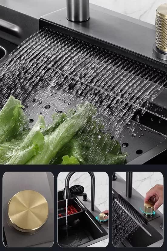 EVANEX EVANEX Modular Waterfall Kitchen Sink 24x18x9 Inch, 304 Grade Stainless Steel, Honeycomb Nano Black Matte Integrated Waterfall & Pull-Down Faucet 